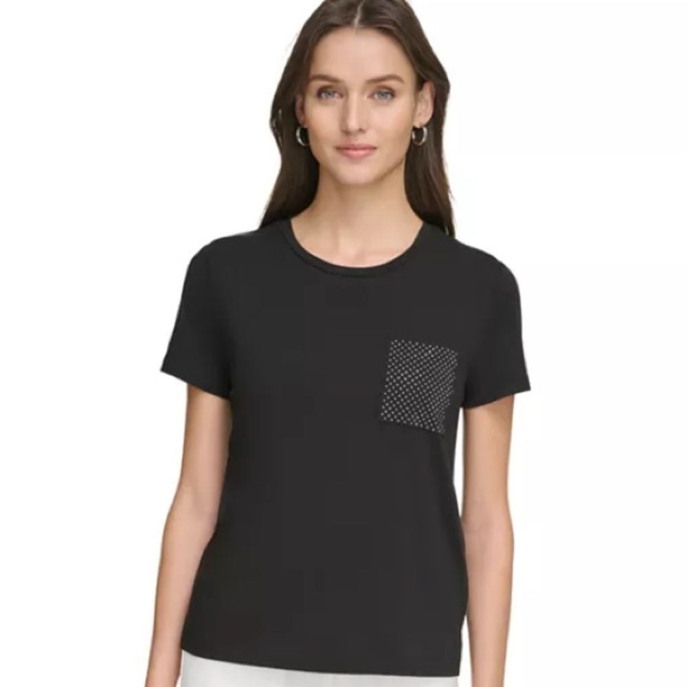 🆕DKNY Women's Studded Pocket Short-Sleeve Shirt Black Size Small - Picture 2 of 7